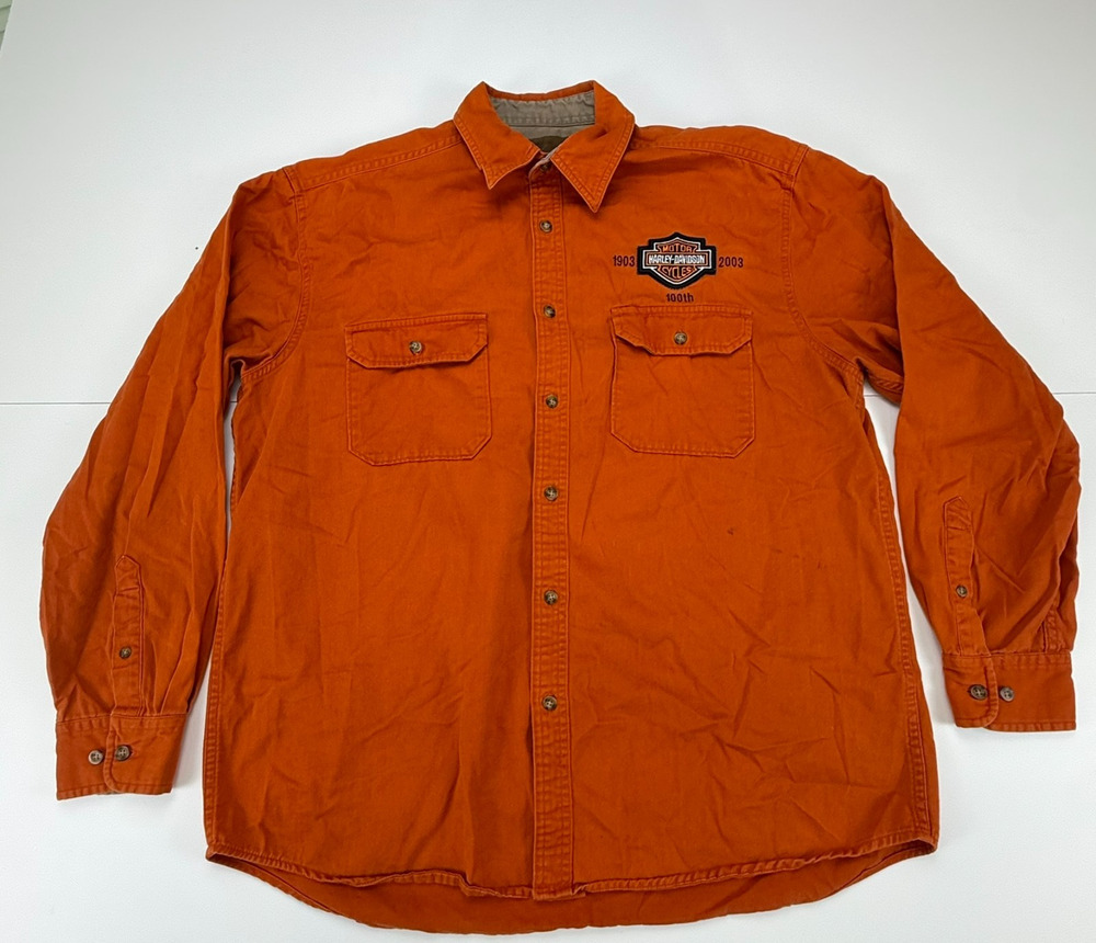 Harley Davidson 2003 100th Anniversary Mens L Orange Button Shirt 100% Cotton